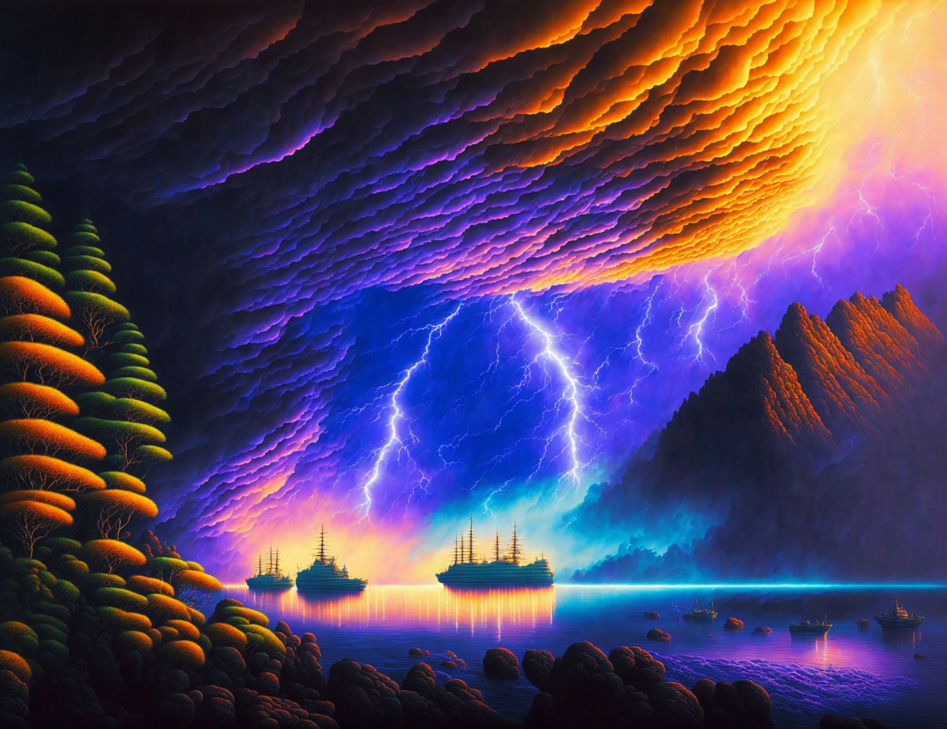 Surreal digital artwork: vibrant landscape with purple lightning, luminous water, ships, and cloud