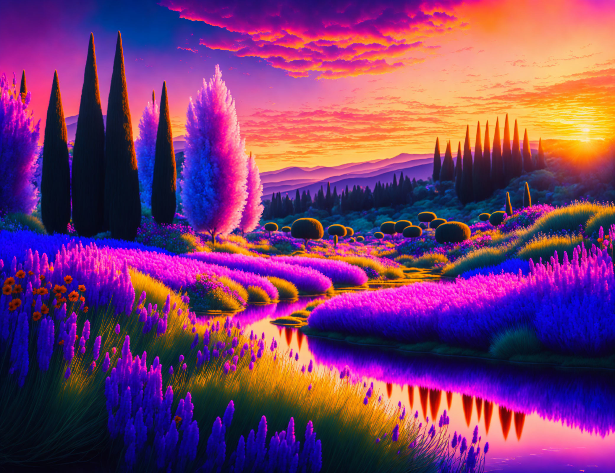 Scenic sunset over lavender field, river, cypress trees, colorful sky.