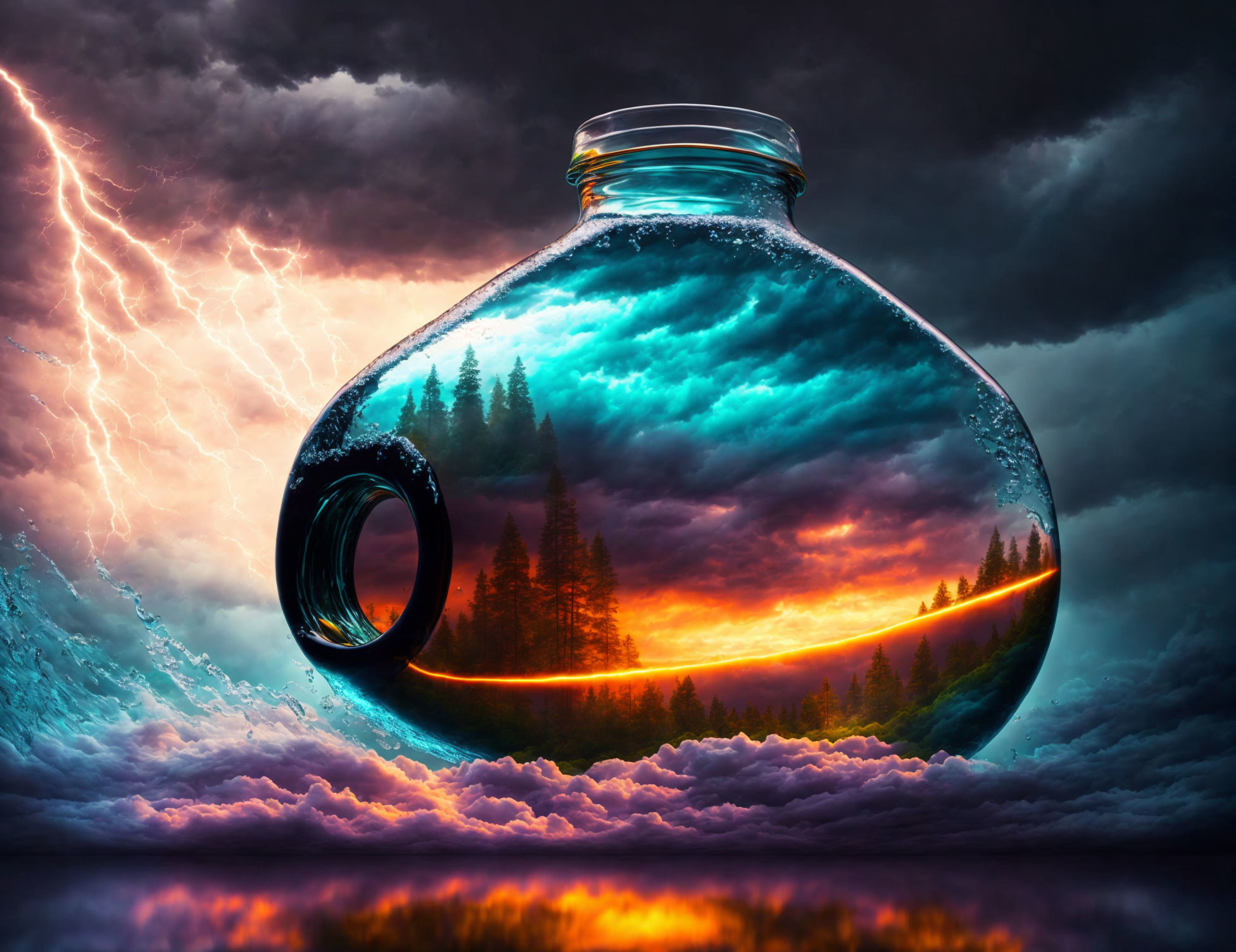 Glass flask with miniature stormy landscape under sunset sky