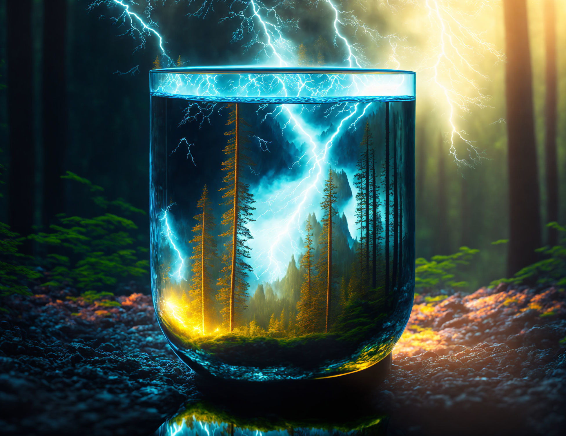 Miniature storm-lit forest scene in a glass with lightning and ethereal lighting.