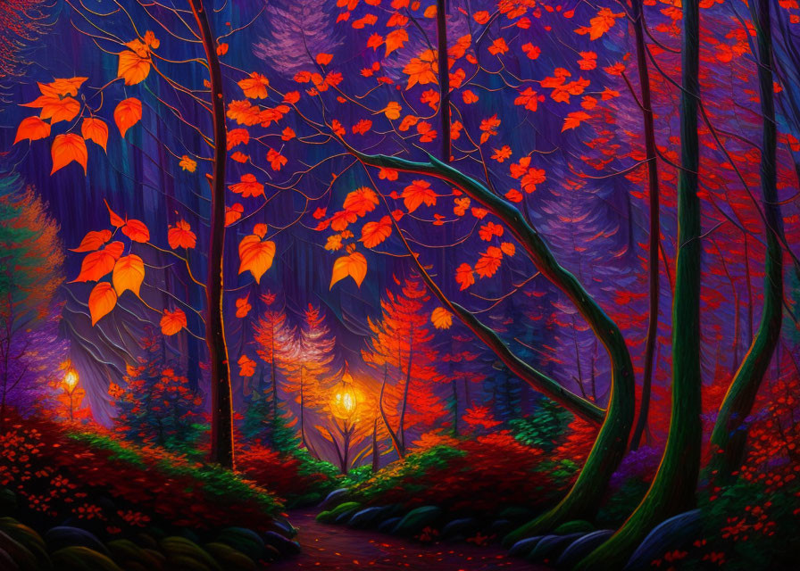 Enchanting Forest Path with Glowing Lanterns and Towering Trees