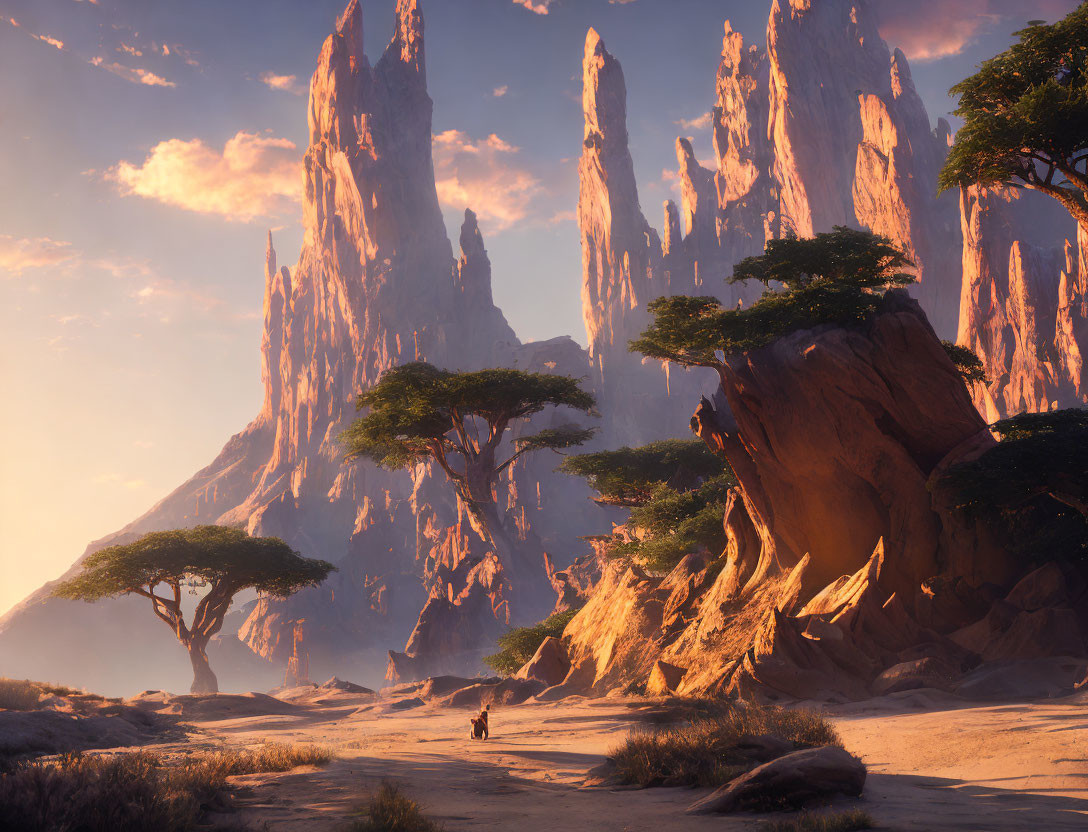 Desert landscape with rock formations, acacia trees, and horseback rider