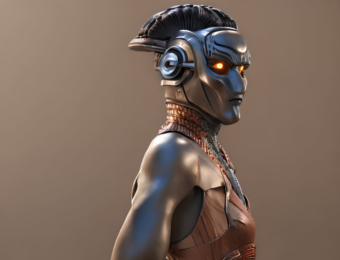 Detailed 3D rendering of robot with humanoid face and glowing orange eyes