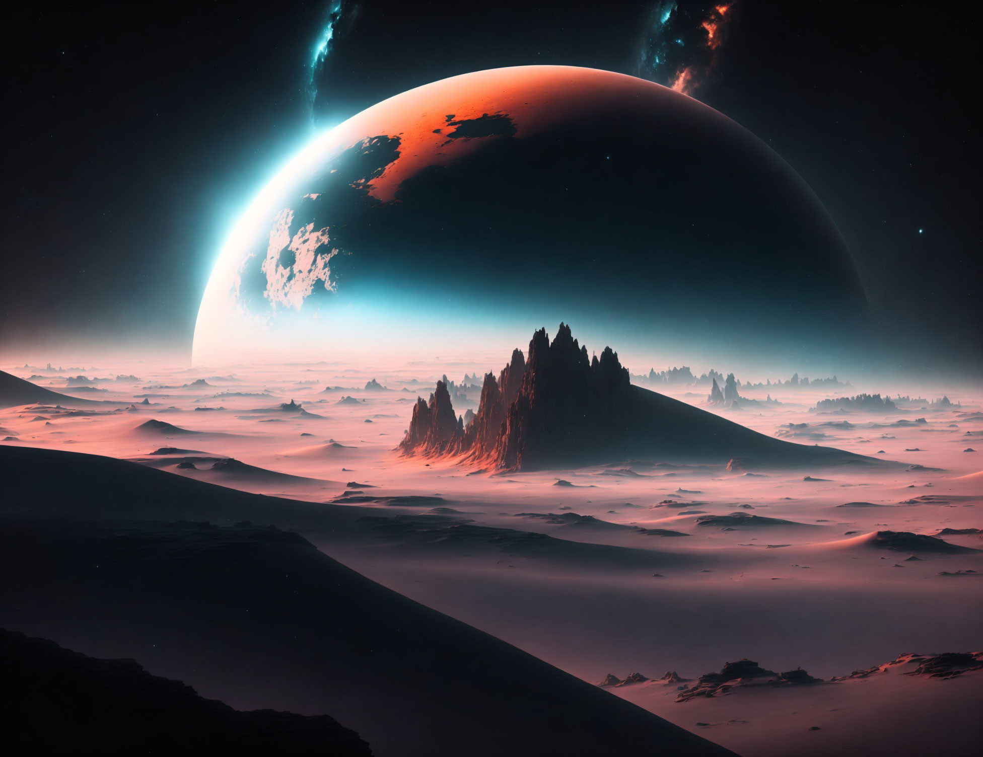 Futuristic sci-fi landscape with large planet, misty alien terrain