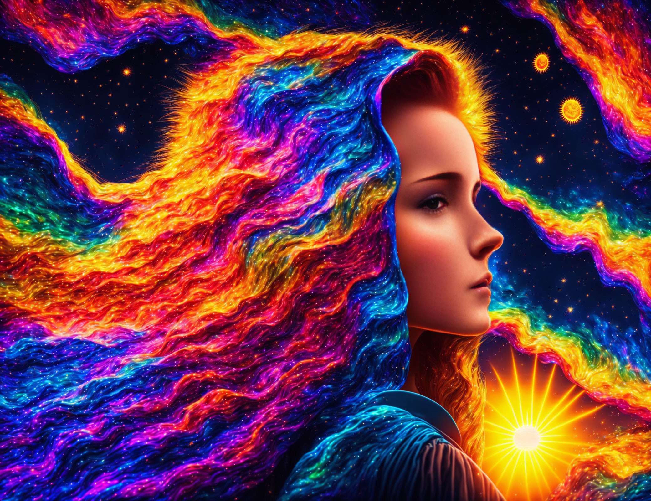 Colorful cosmic digital artwork of a woman blending into vibrant background