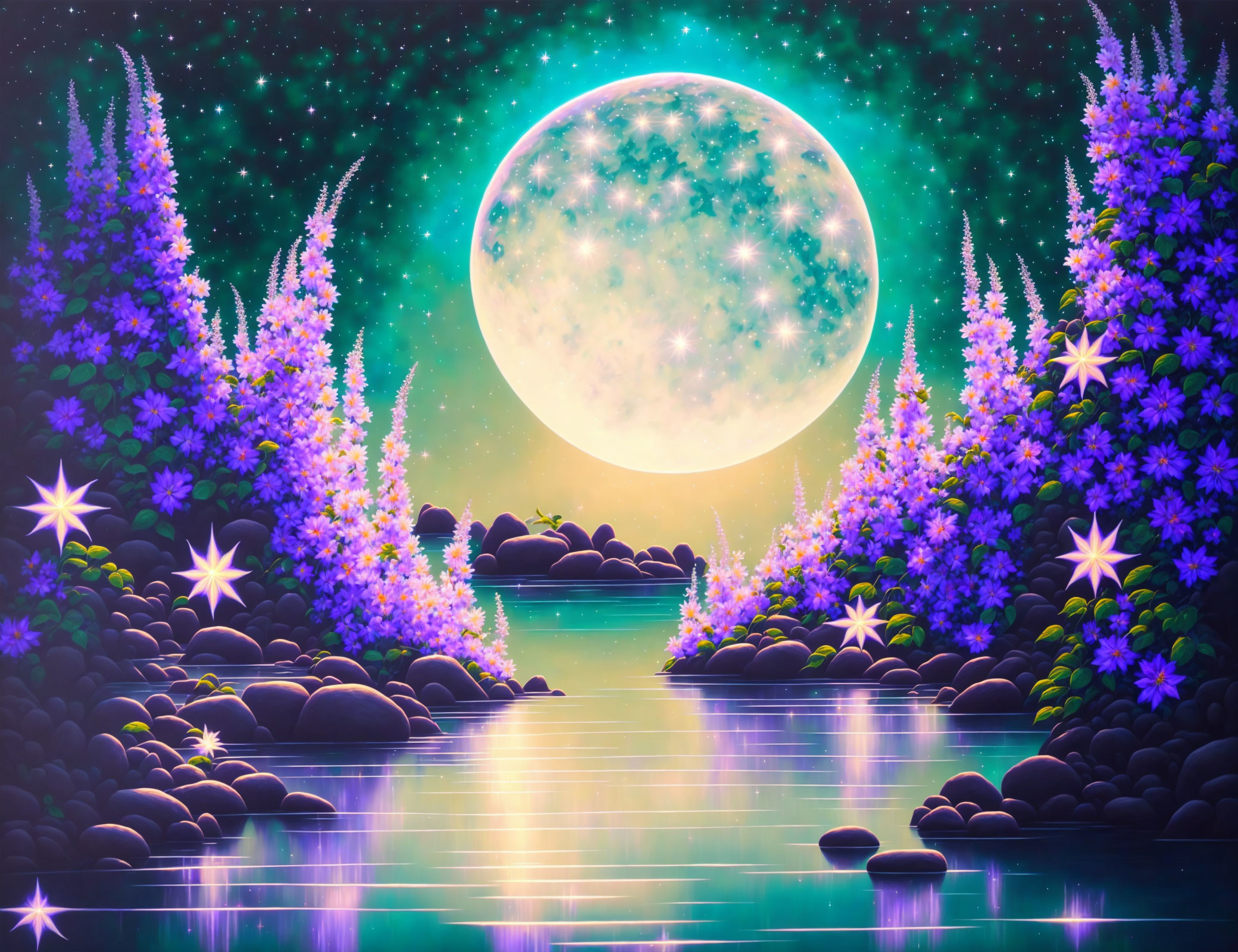 Fantasy landscape with glowing moon, sparkling river, purple flowers, and stars