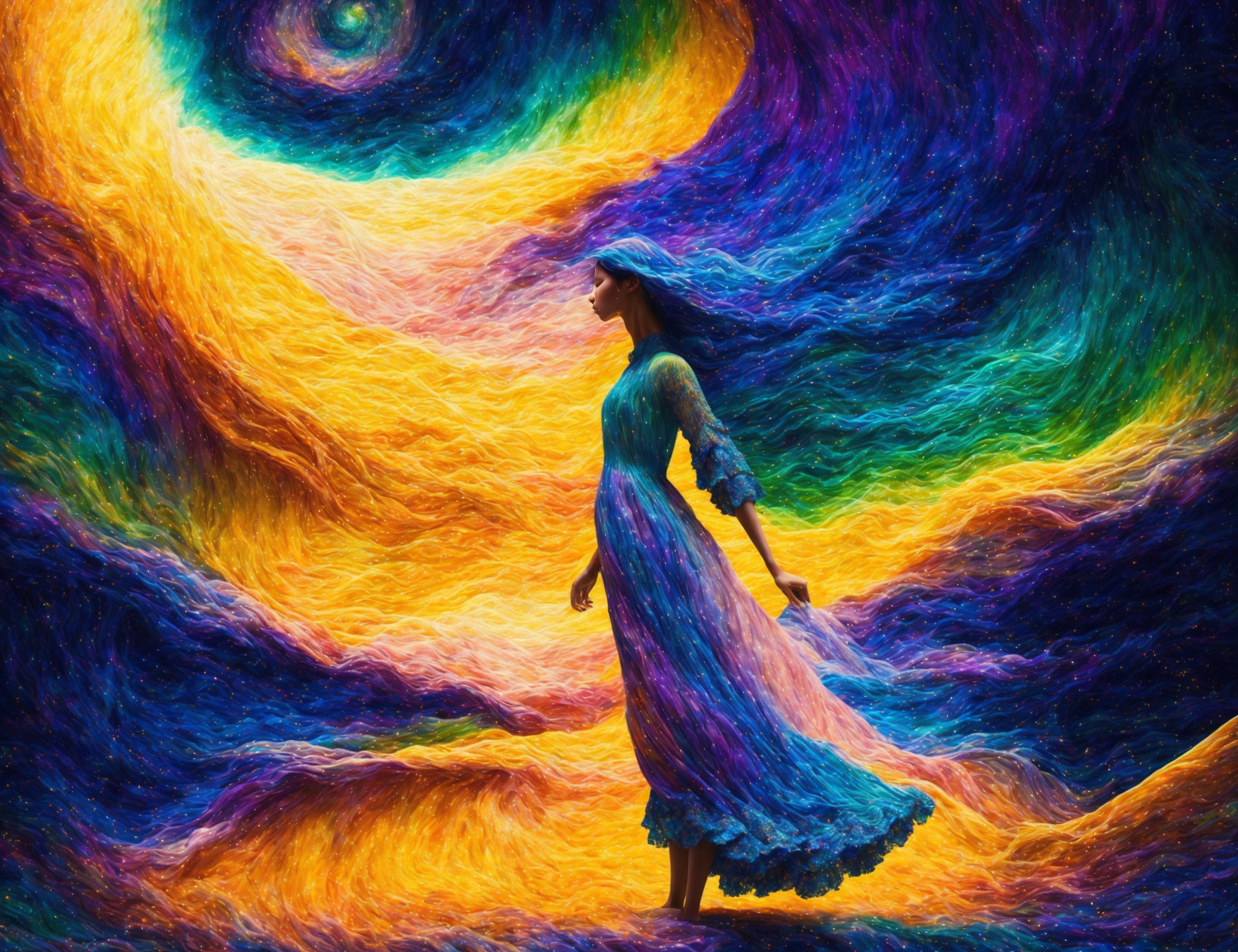 Woman in flowing dress against vibrant, swirling backdrop of intense colors.