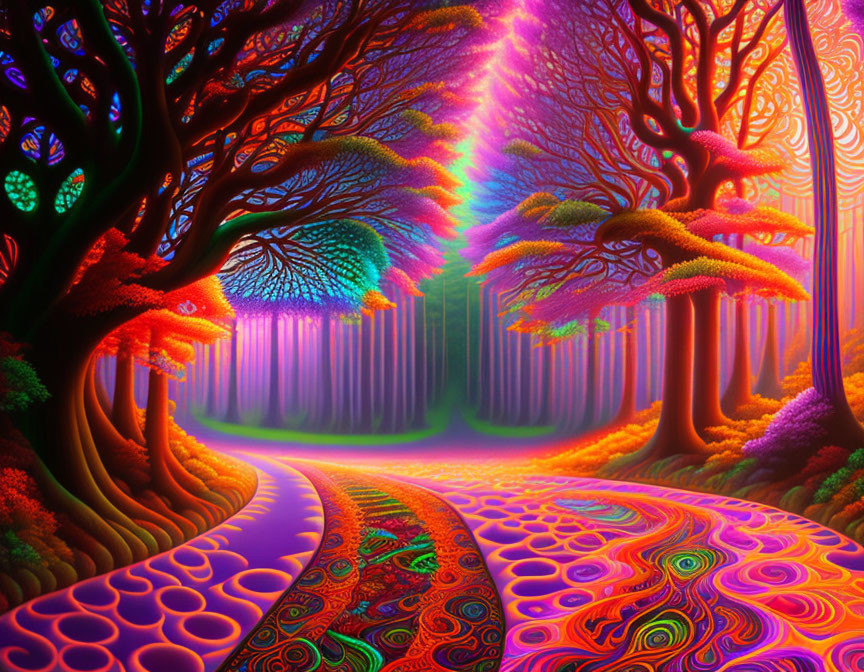 Colorful Psychedelic Forest Scene with Swirling Path