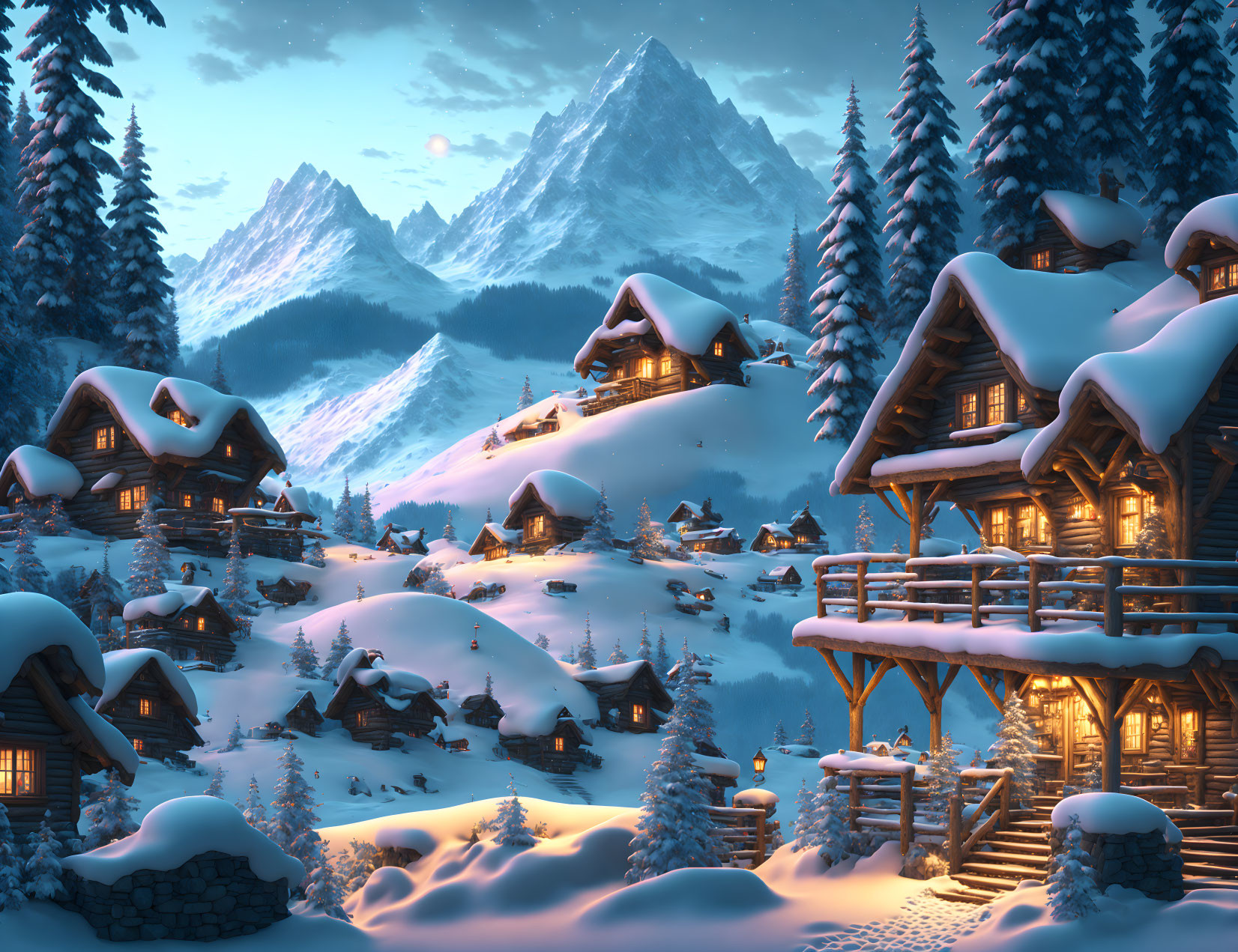 Snowy village with cozy cabins, pine trees, and mountains at twilight