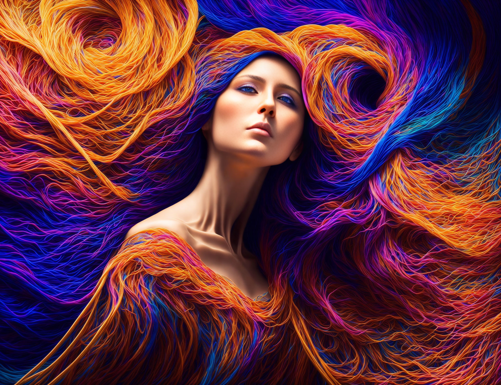Vibrant multicolored hair flowing like waves on a woman