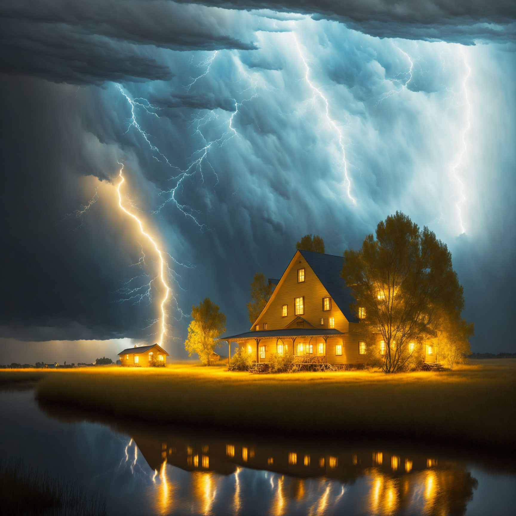 House by Lake Under Stormy Sky with Lightning Bolts