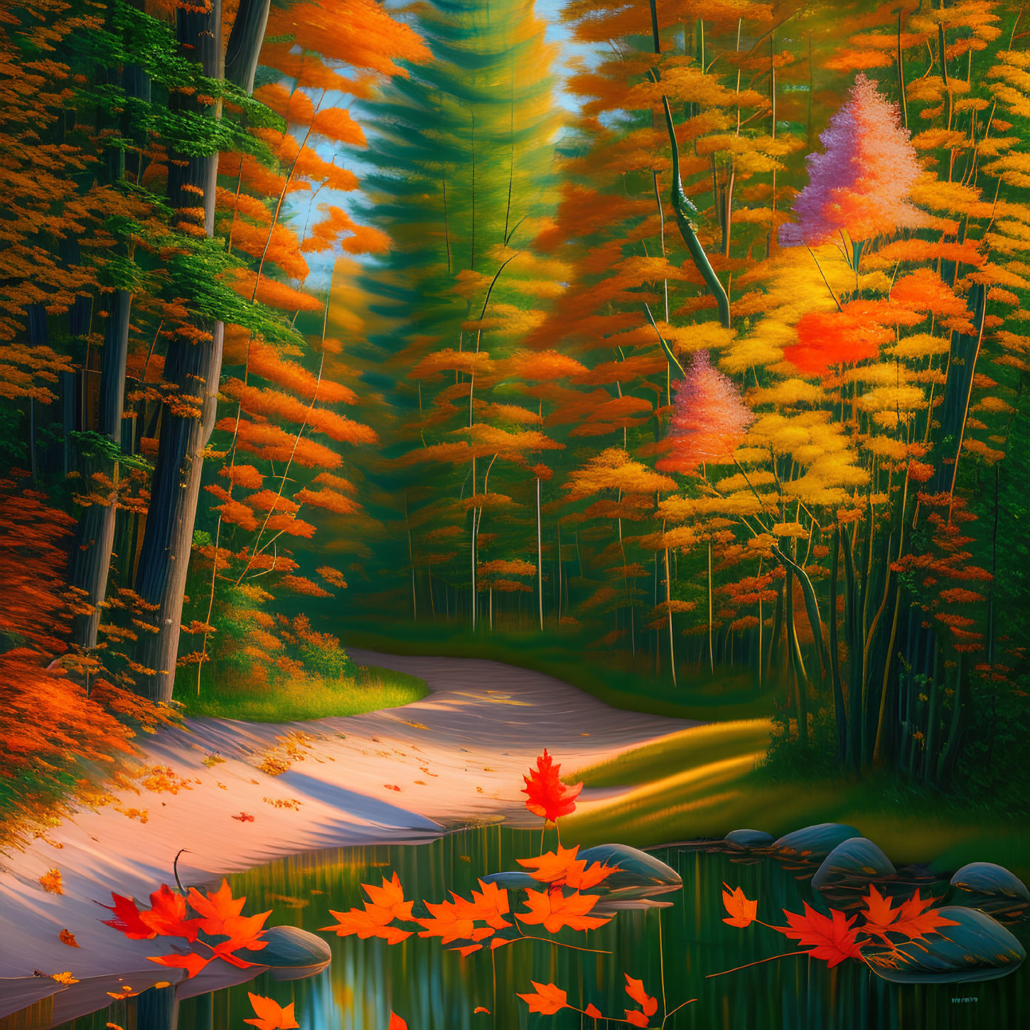 Colorful Autumn Forest with Winding Path and Tranquil Pond