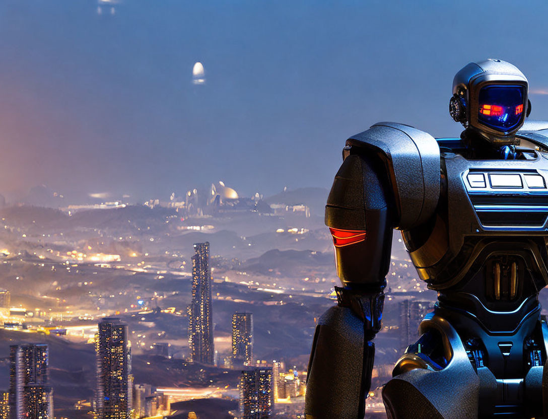 Futuristic robot admires night cityscape with illuminated buildings