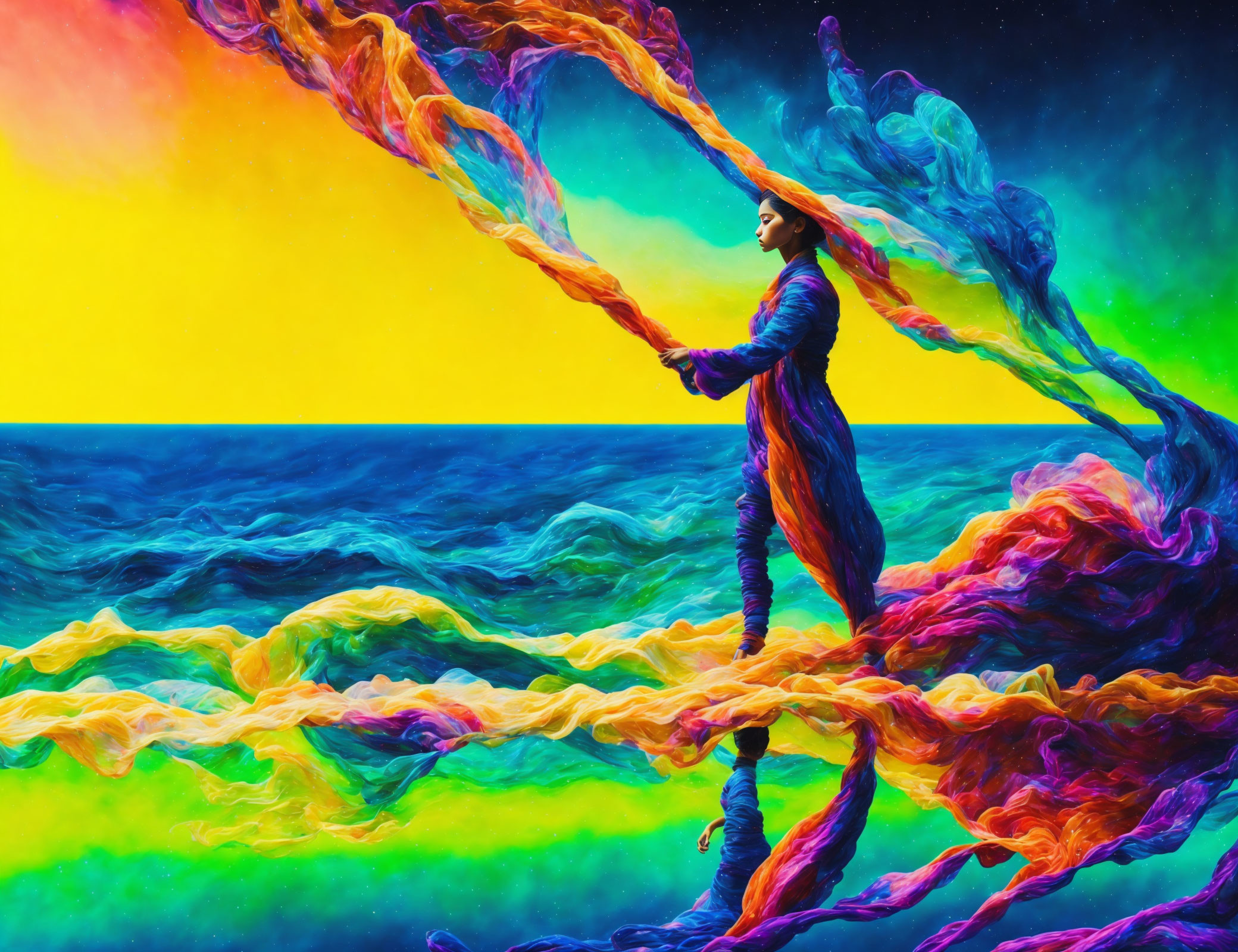 Colorful person holding flowing scarf in psychedelic sea and sunset sky