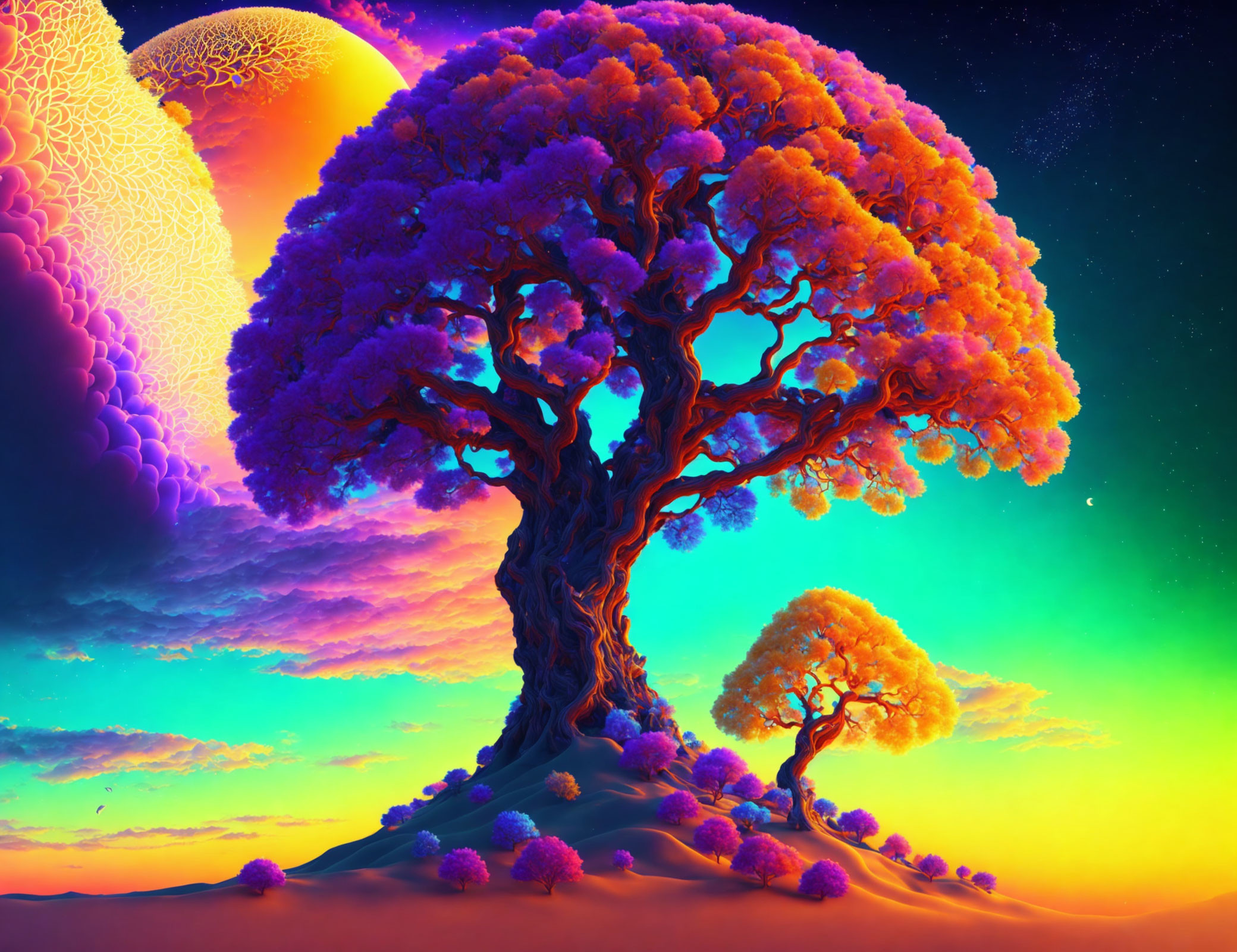 Colorful surreal landscape with luminous fiery tree under psychedelic sky