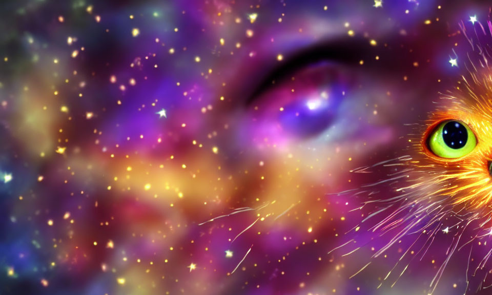 Vibrant cosmic art piece featuring eye of figure, stars, nebulae, purple, blue