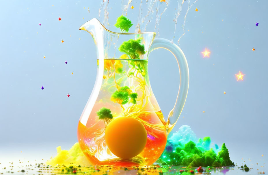 Colorful Pitcher with Splashing Liquid, Orange Orb, Trees, and Stars on Blue Background