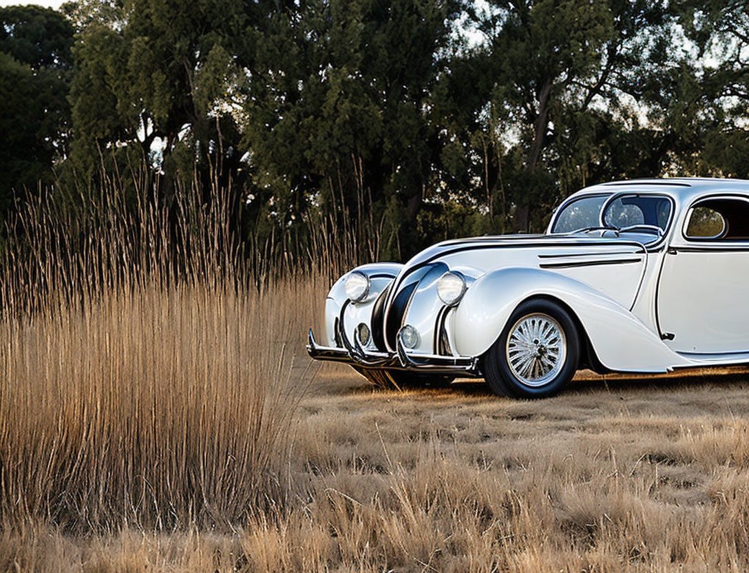 Vintage white car parked in grass field at golden hour