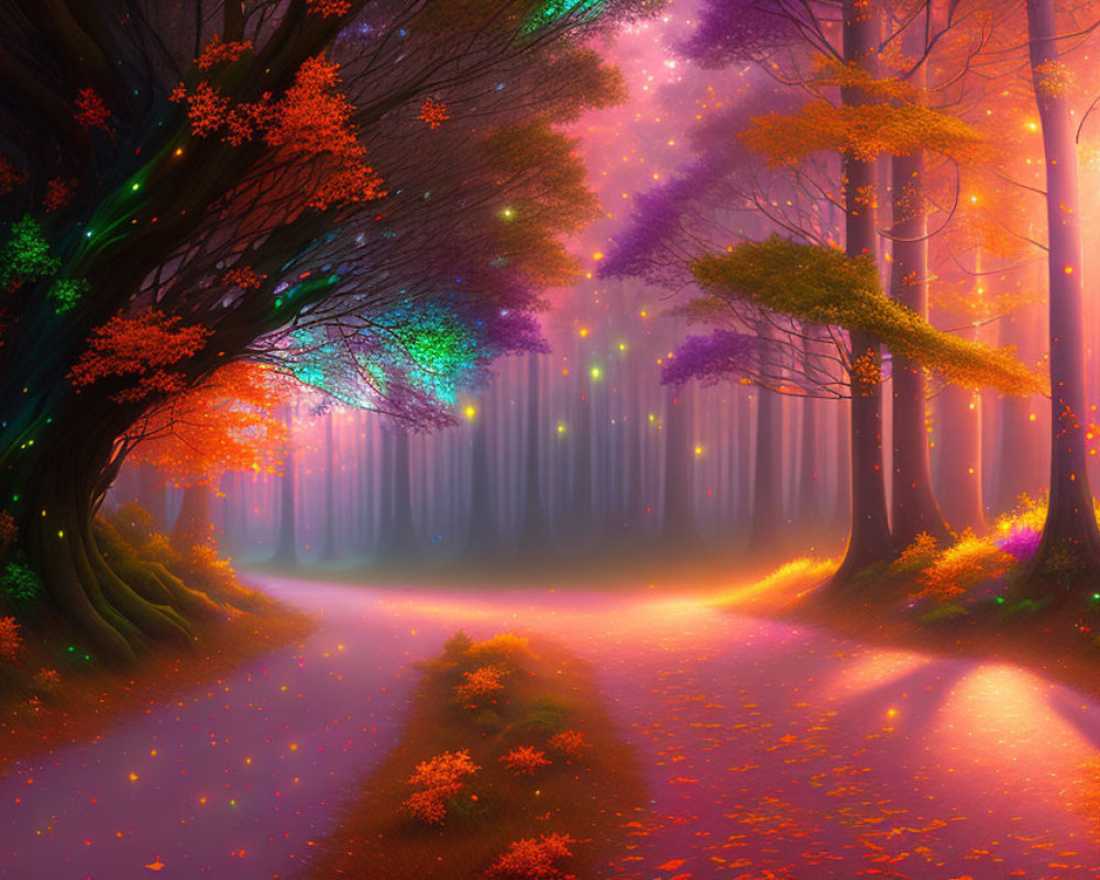 Vibrant autumnal forest with purple to orange trees and fallen leaves