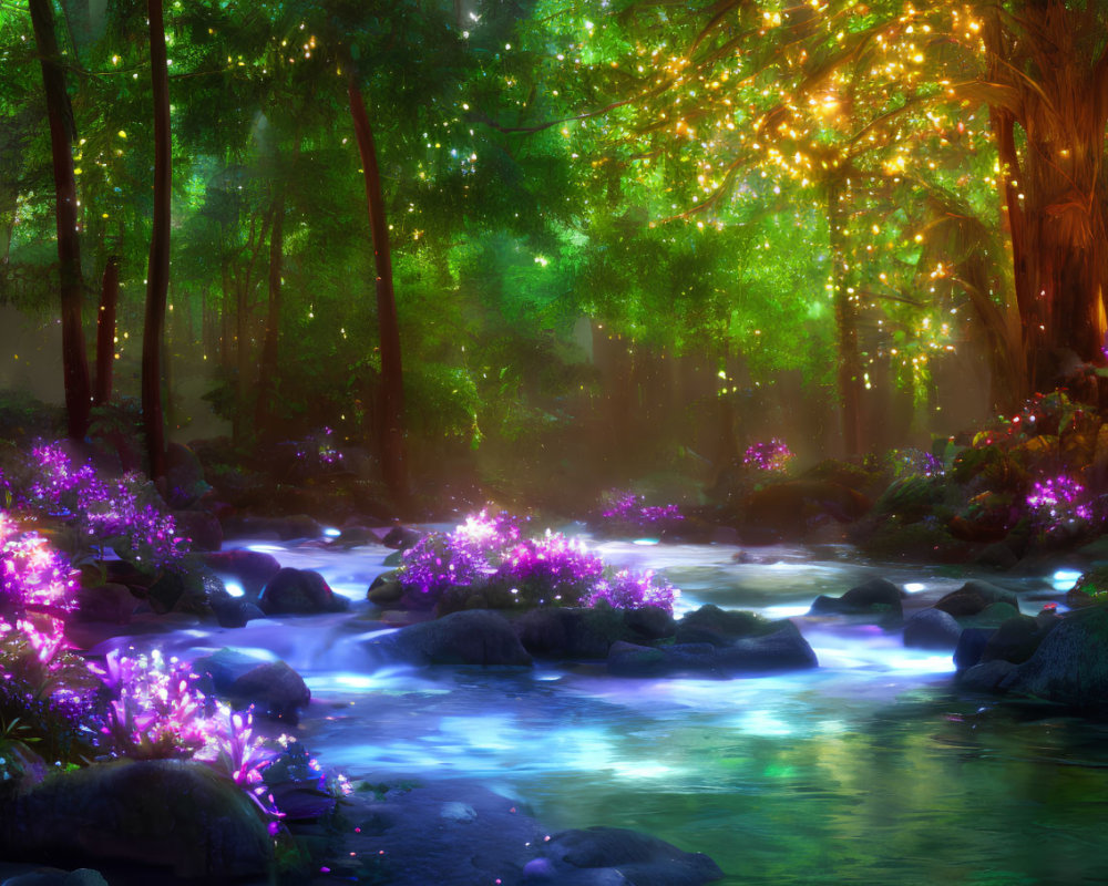 Enchanting forest stream with glowing lights and purple flowers