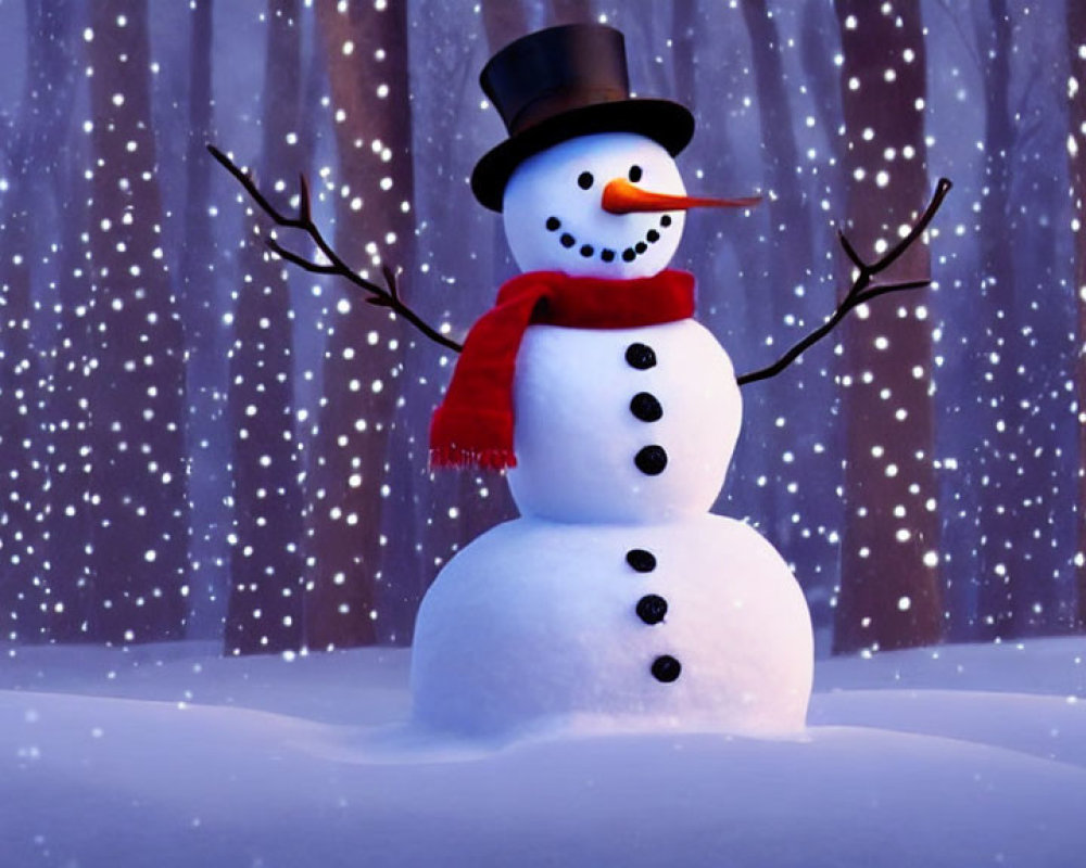 Cheerful Snowman with Top Hat and Red Scarf in Snowy Forest