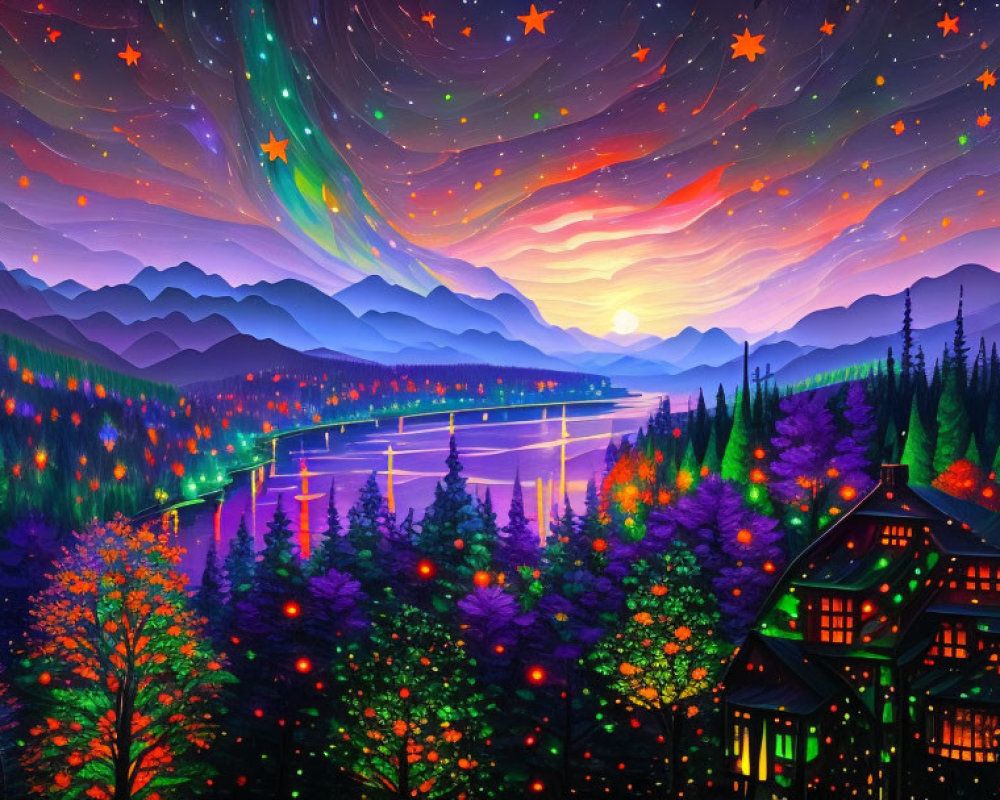 Mountain landscape painting: sunset, starry sky, river, bridge, cottage, colorful trees