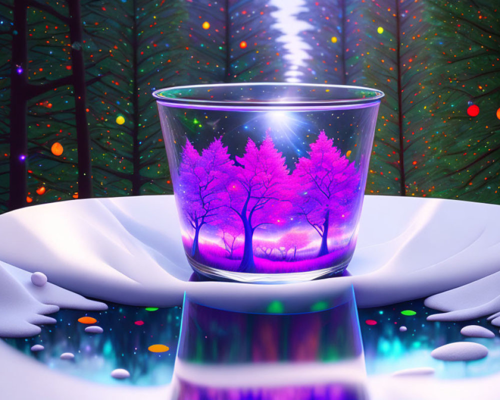 Miniature purple-pink forest in transparent cup on teal backdrop