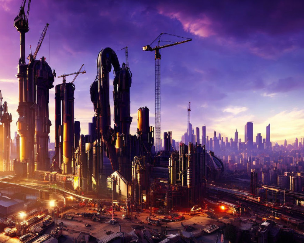 Futuristic cityscape with skyscrapers under construction at dusk