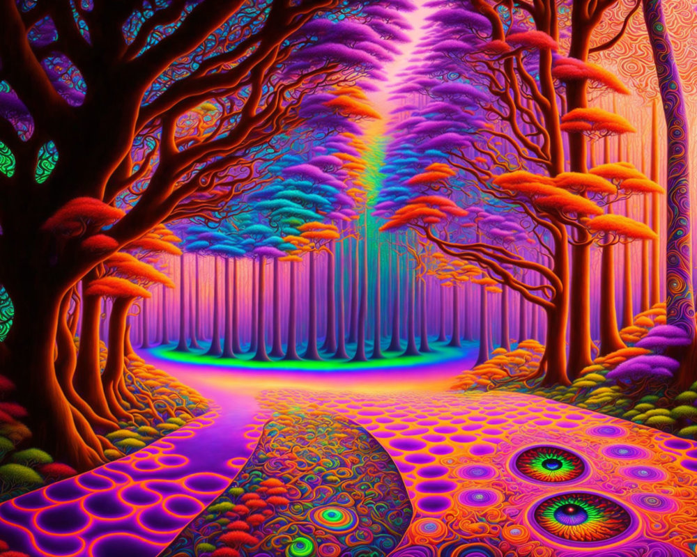 Colorful psychedelic landscape with rainbow skies and neon trees