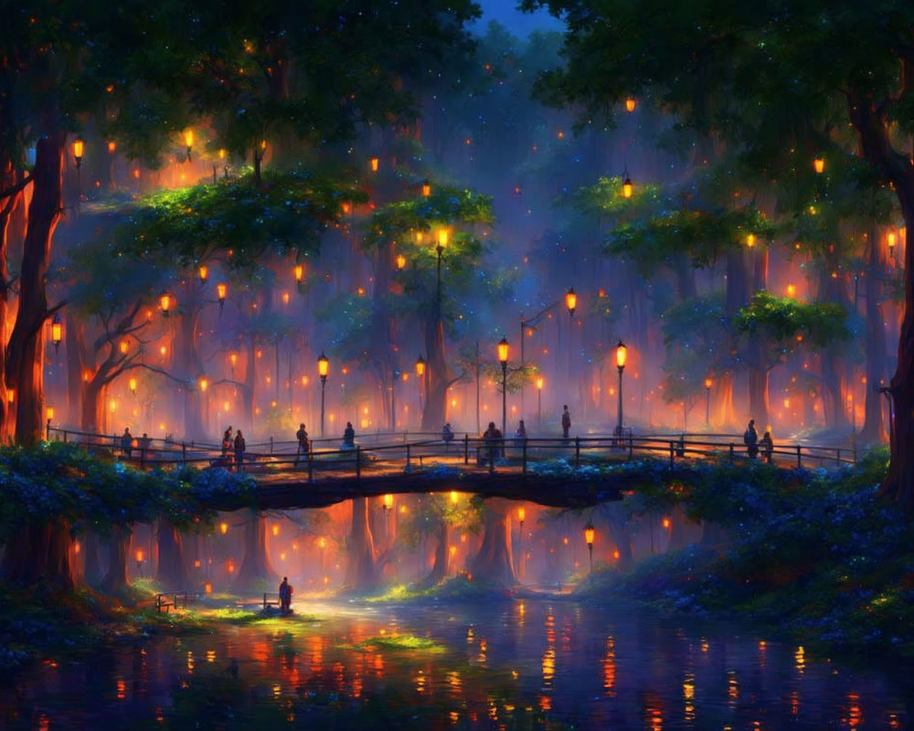 Twilight enchanted forest with lantern-lit trees, wooden bridge, and shimmering river