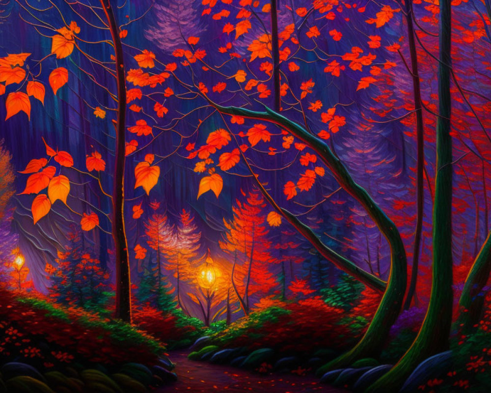 Enchanting Forest Path with Glowing Lanterns and Towering Trees