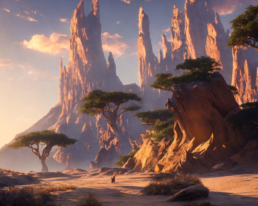 Desert landscape with rock formations, acacia trees, and horseback rider