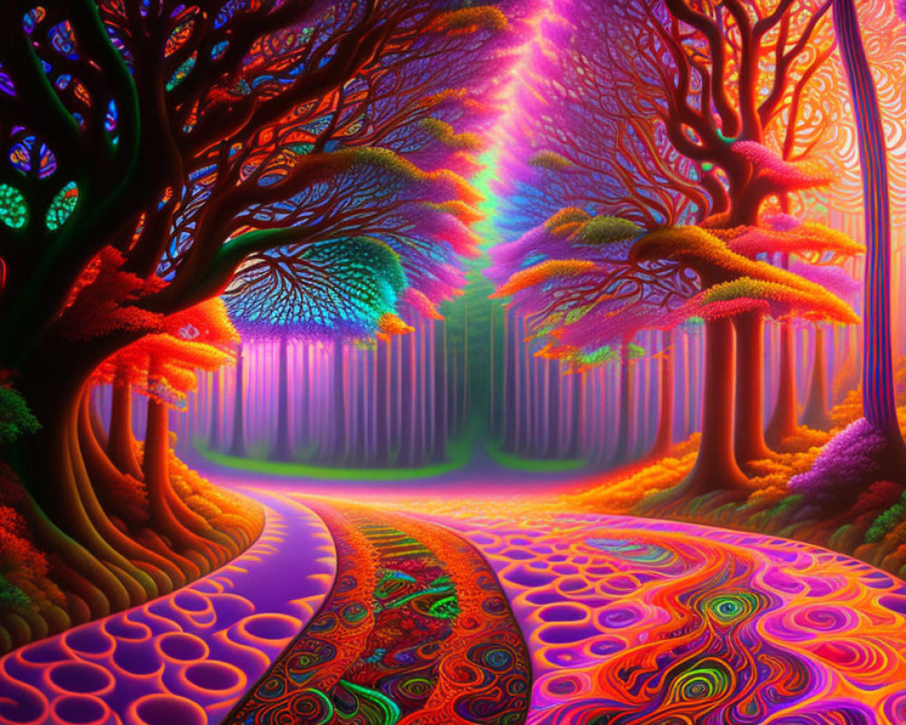 Colorful Psychedelic Forest Scene with Swirling Path