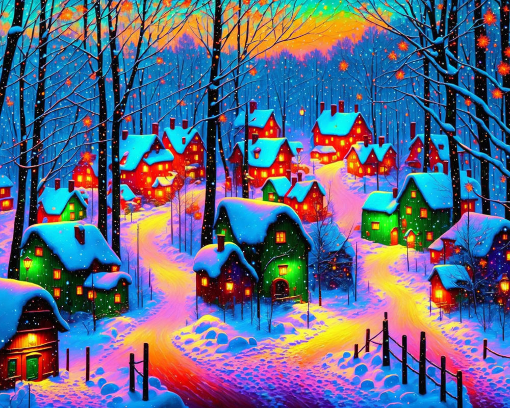 Colorful Houses and Snowy Village Scene at Twilight