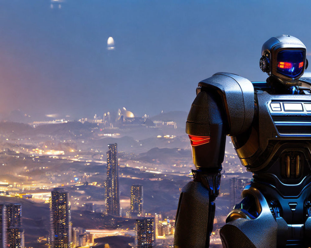 Futuristic robot admires night cityscape with illuminated buildings