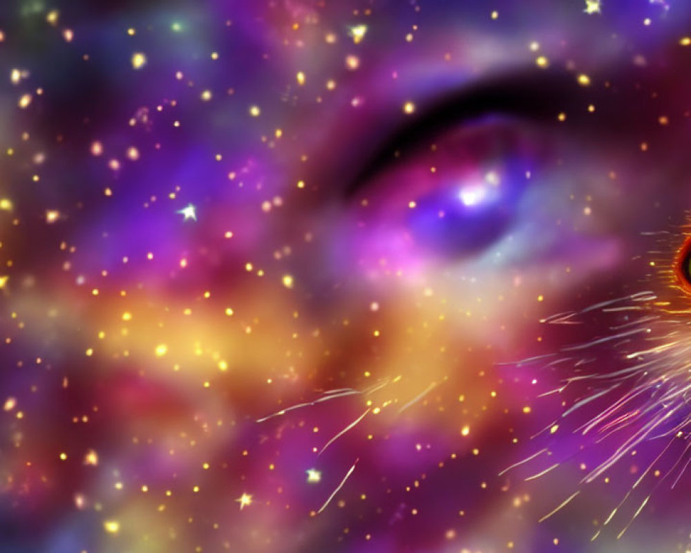 Vibrant cosmic art piece featuring eye of figure, stars, nebulae, purple, blue