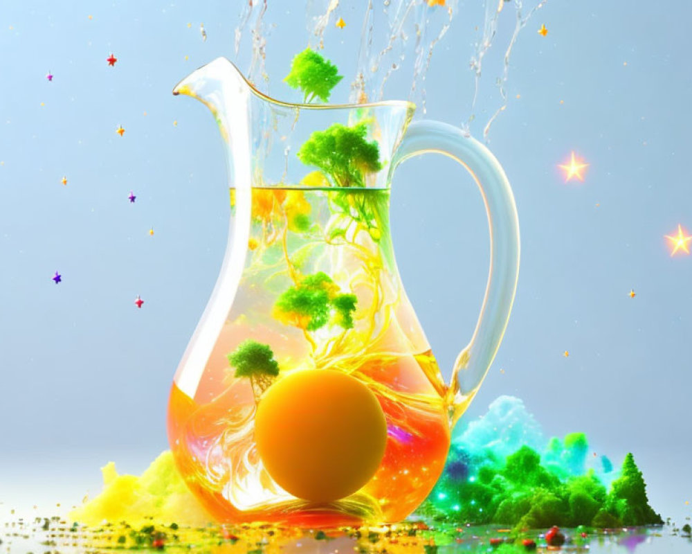 Colorful Pitcher with Splashing Liquid, Orange Orb, Trees, and Stars on Blue Background