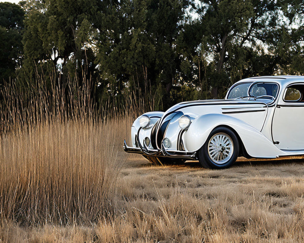 Vintage white car parked in grass field at golden hour