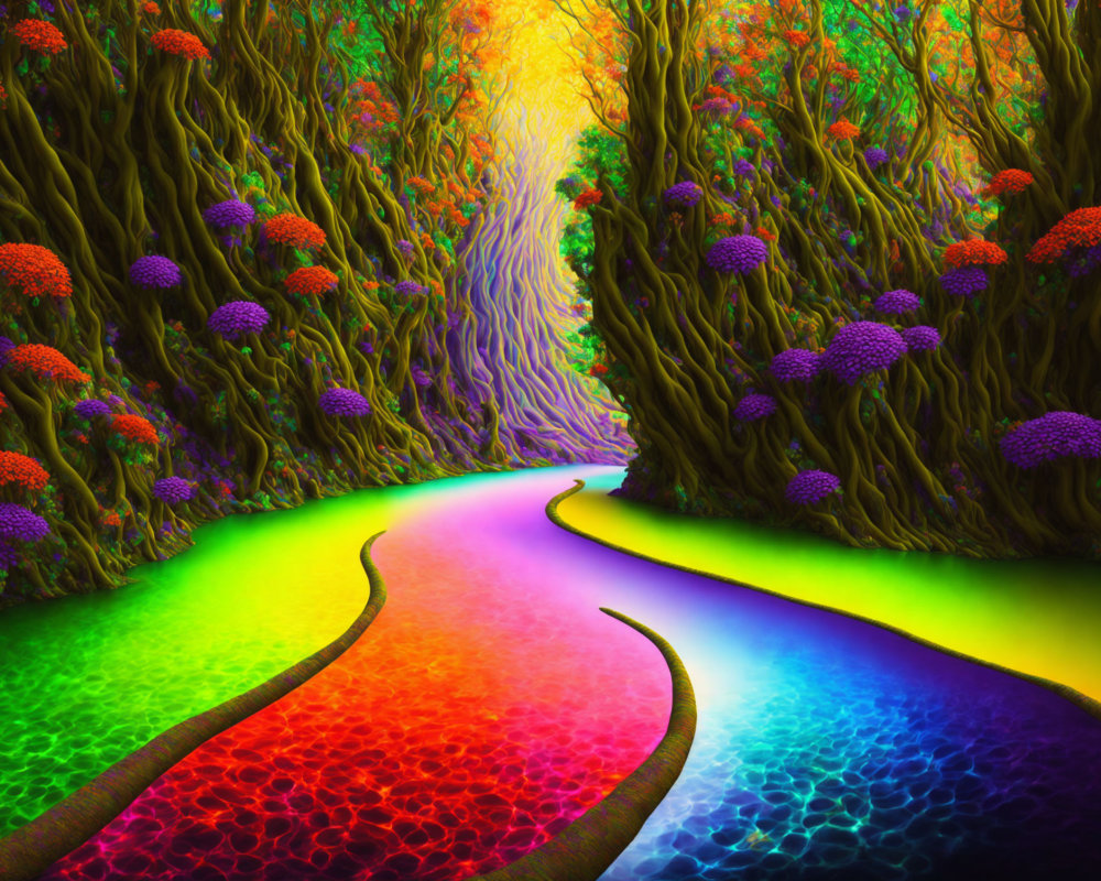 Colorful Fantasy Forest with Winding Path and Intertwined Trees