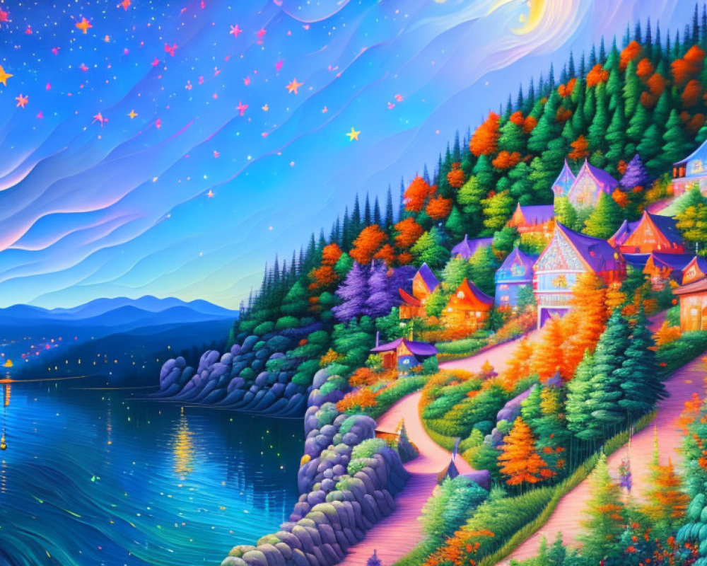 Colorful Forest and Serene Lake in Starry Night Scene