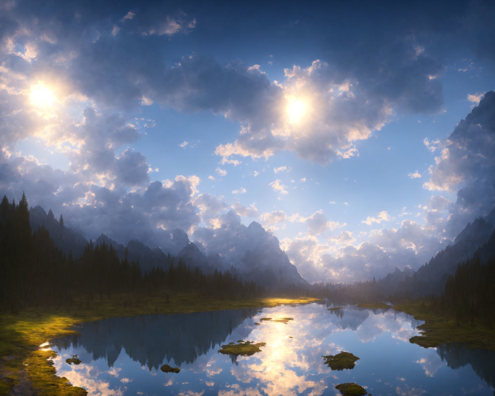 Tranquil landscape with reflective lake, forest, mountains, and twin suns