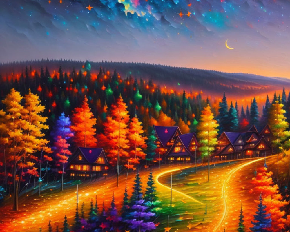 Colorful Autumn Forest with Starry Night Sky and Cozy Houses