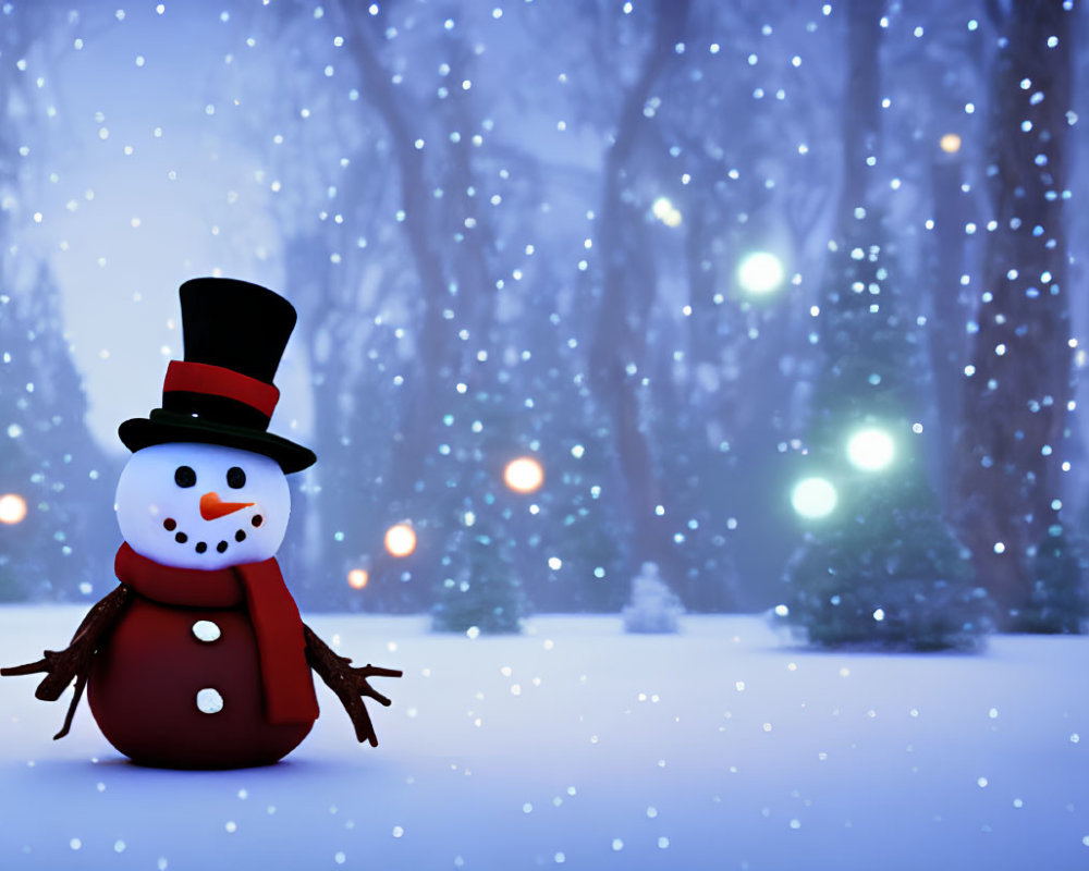 Cheerful snowman in snowy forest with top hat and carrot nose