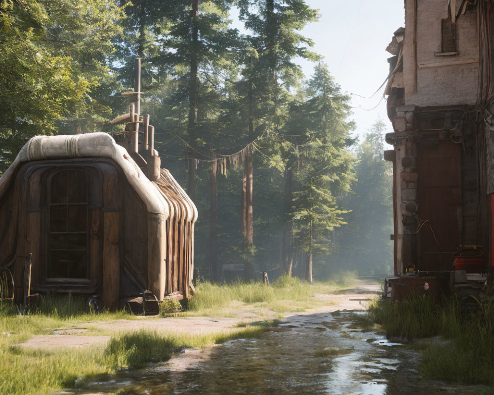 Tranquil forest landscape with rustic building and weathered trailer