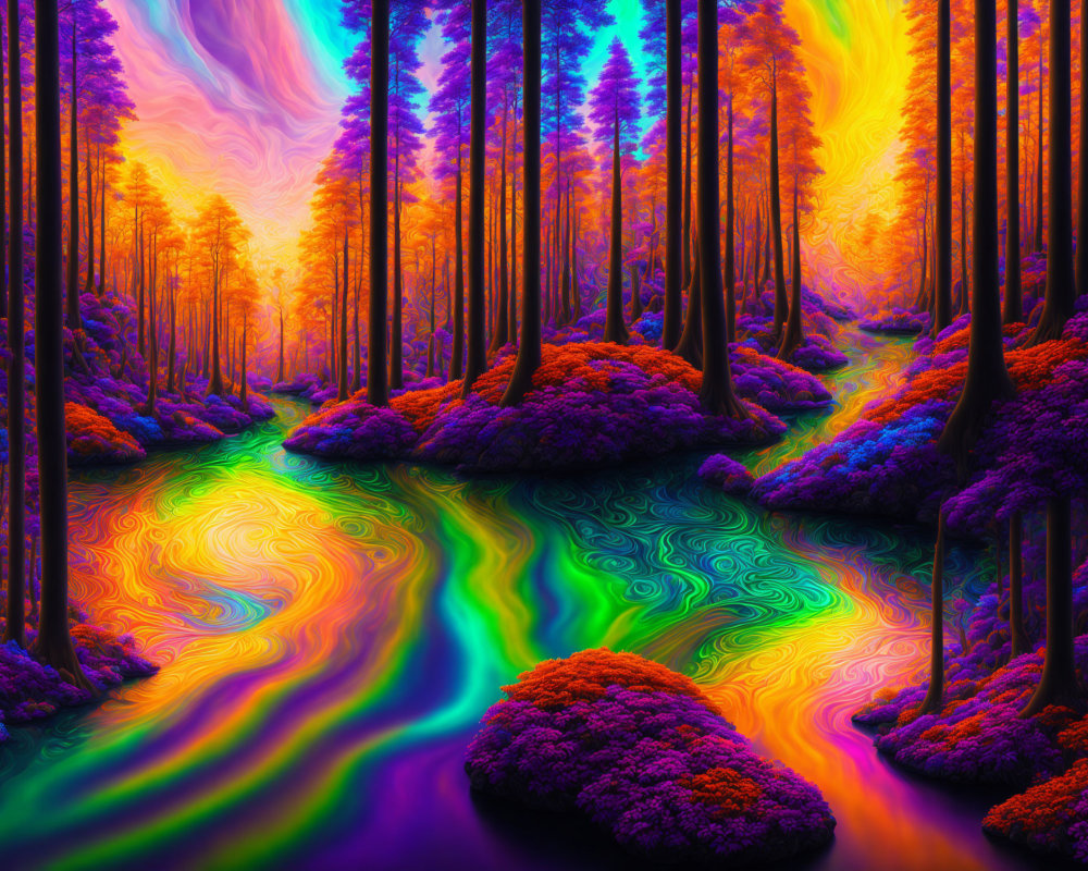 Colorful Psychedelic Landscape with River and Fantastical Trees