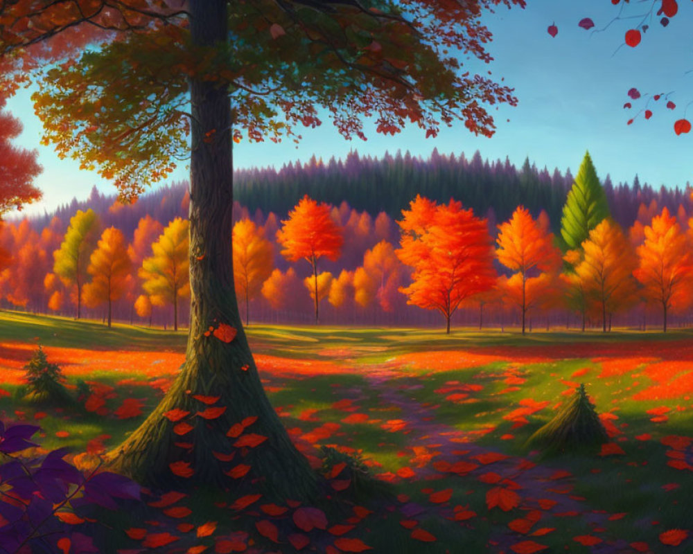 Colorful Autumn Forest with Falling Leaves and Red Carpet beneath Sunset Sky