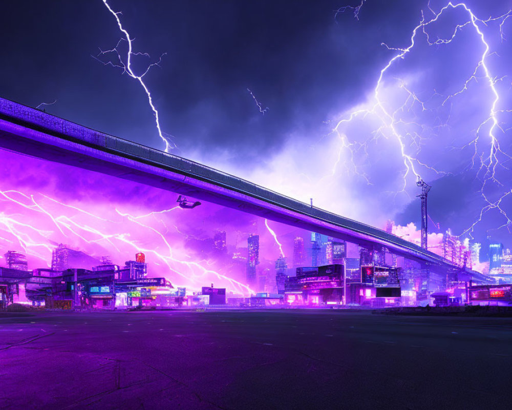 Nighttime Cityscape with Neon Lights, Highway Overpass, and Lightning Strikes