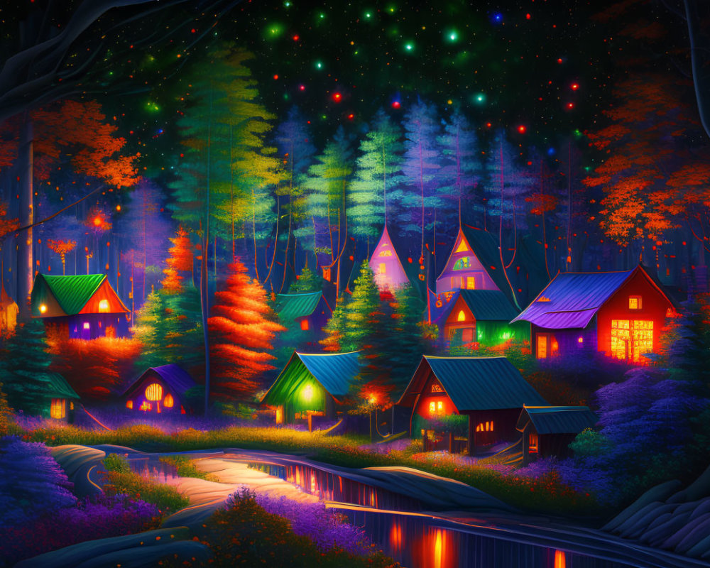 Colorful fantasy village with glowing houses and starlit sky over tranquil river