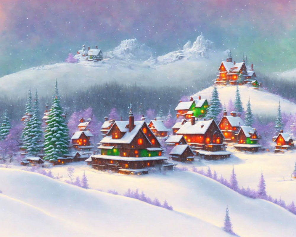 Snowy village with cozy, lit houses under twilight sky and mountains.