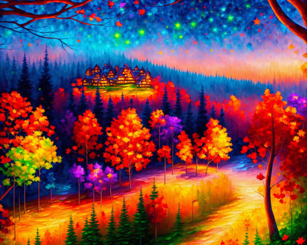 Colorful Autumn Forest Scene with Twilight Sky and Cabin